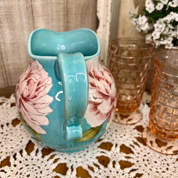 Teal French Country Pitcher/Vase with Pink Peony Flowers - Picture 2 of 7